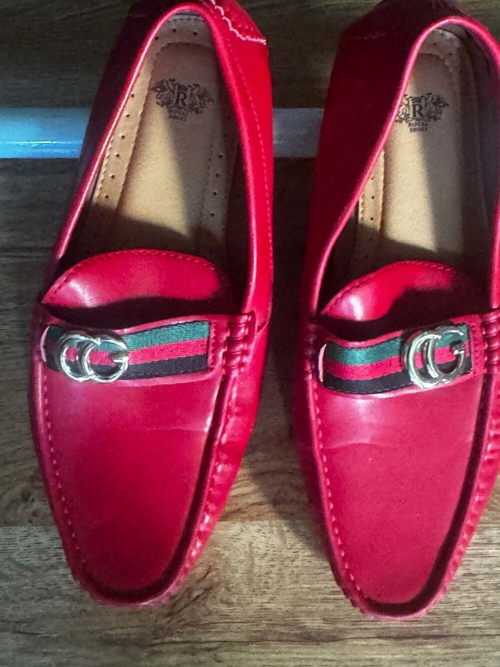 Royal Shoes Red Leather Driving Loafers with Web Detail and Interlocking G Buckl
